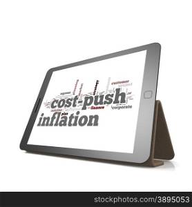 Cost push inflation word cloud on tablet image with hi-res rendered artwork that could be used for any graphic design.. Cost push inflation word cloud on tablet