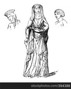 Costume Aveline, Countess of Lancaster, and women's headgear, vintage engraved illustration. Colorful History of England, 1837.