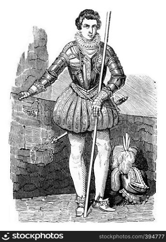 Costume Henry, son of Jacques, vintage engraved illustration. Colorful History of England, 1837.