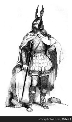 Costume of a Gaulish chief under Roman rule made from Grass by Watlier, vintage engraved illustration. Magasin Pittoresque 1842.