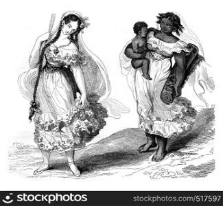 Costume women in Panama, vintage engraved illustration. Magasin Pittoresque 1845.