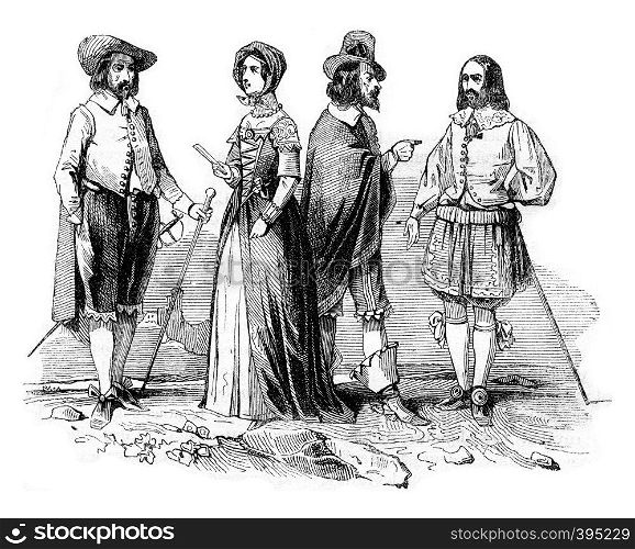 Costumes 1658-1660, vintage engraved illustration. Colorful History of England, 1837.