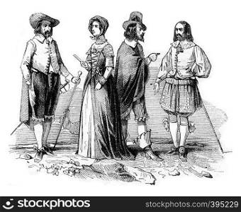 Costumes 1658-1660, vintage engraved illustration. Colorful History of England, 1837.
