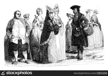 Costumes 1770-1783, vintage engraved illustration. Colorful History of England, 1837.