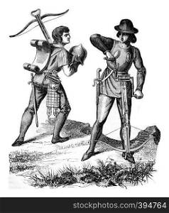 Costumes archers under Henry VI, vintage engraved illustration. Colorful History of England, 1837.