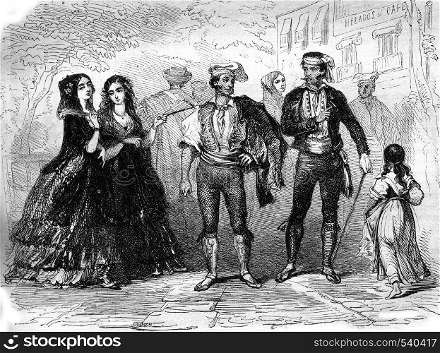 Costumes Catalans, vintage engraved illustration. Magasin Pittoresque 1857.