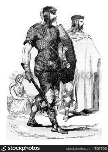 Costumes francs, fourth century, vintage engraved illustration. Magasin Pittoresque 1842.