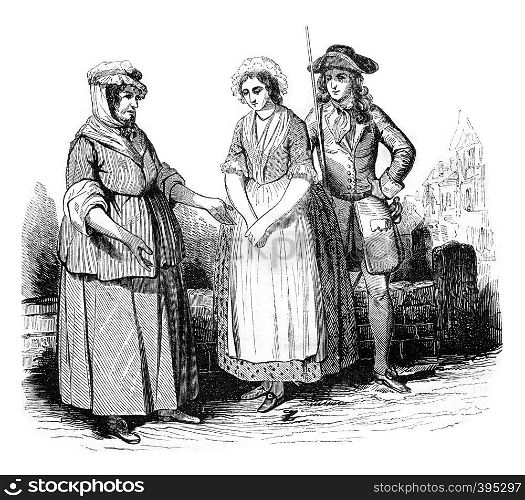 Costumes from 1725 to 1730, vintage engraved illustration. Colorful History of England, 1837.