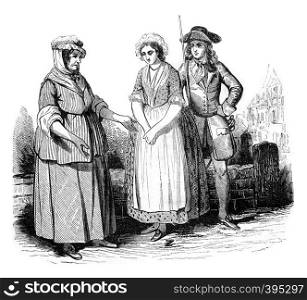 Costumes from 1725 to 1730, vintage engraved illustration. Colorful History of England, 1837.