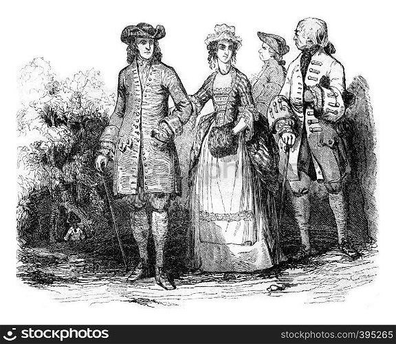 Costumes from 1740 to 1750, Gentlemen, vintage engraved illustration. Colorful History of England, 1837.