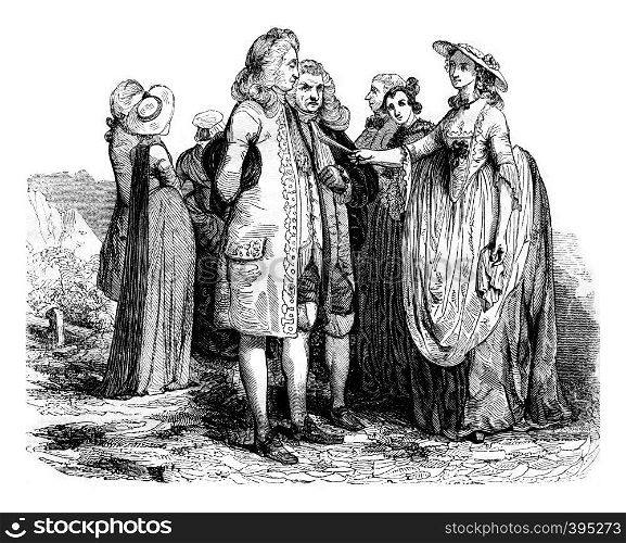 Costumes from 1760-1765, vintage engraved illustration. Colorful History of England, 1837.