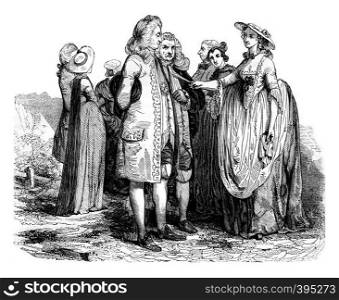 Costumes from 1760-1765, vintage engraved illustration. Colorful History of England, 1837.
