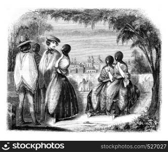 Costumes of Lima, vintage engraved illustration. Magasin Pittoresque 1846.