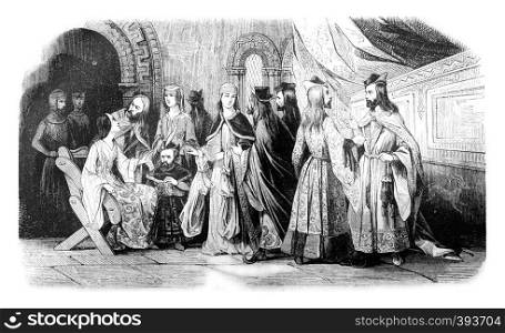 Costumes of the nobility during the reign of John Lackland, vintage engraved illustration. Colorful History of England, 1837.