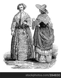 Costumes of the reign of Charles I, vintage engraved illustration. Colorful History of England, 1837.