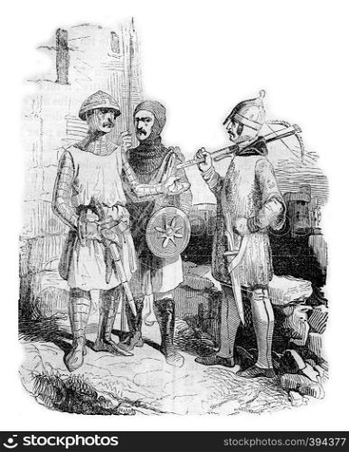Costumes of the time of Henry III, vintage engraved illustration. Colorful History of England, 1837.