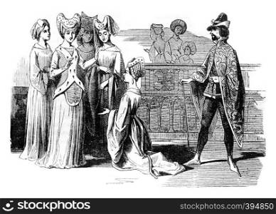 Costumes of time of Henry II, vintage engraved illustration. Colorful History of England, 1837.