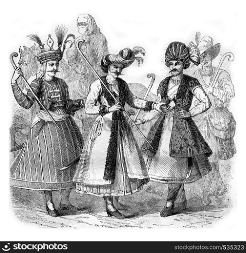 Costumes Persian lords in 1666, vintage engraved illustration. Magasin Pittoresque 1857.