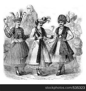 Costumes Persian lords in 1666, vintage engraved illustration. Magasin Pittoresque 1857.