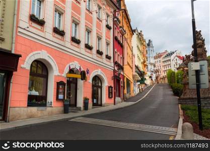 Cosy street, nobody, Karlovy Vary, Czech Republic, Europe. Old european town, famous place for travel and tourism