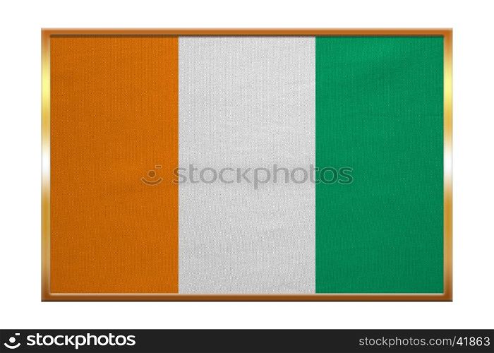 Cote D Ivoire national official flag. African patriotic symbol, banner, element, background. Correct colors. Flag of Ivory Coast , golden frame, fabric texture, illustration. Accurate size, color