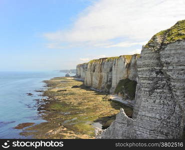 cote d&rsquo;albatre of english channel coast during low tide near Eretrat village, Francee