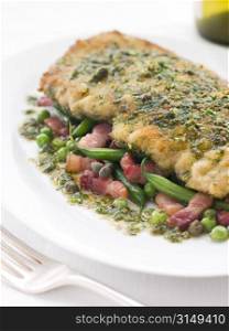 Cotoletta of Veal with Green Beans Peas and Pancetta