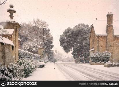 Cotswold high street in wintertime, Mickleton, Chipping Campden, Gloucestershire, England.