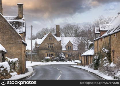 Cotswold village in snow, Weston Subedge near Chipping Campden, Gloucestershire, England.