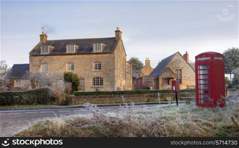 Cotswold village with early morning frost, Aston Subedge near Chipping Campden, Gloucestershire, England.