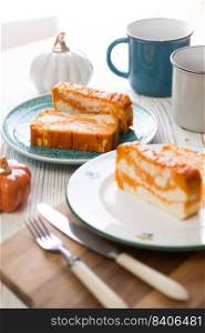 cottage cheese casserole with pumpkin and coffee for breakfast
