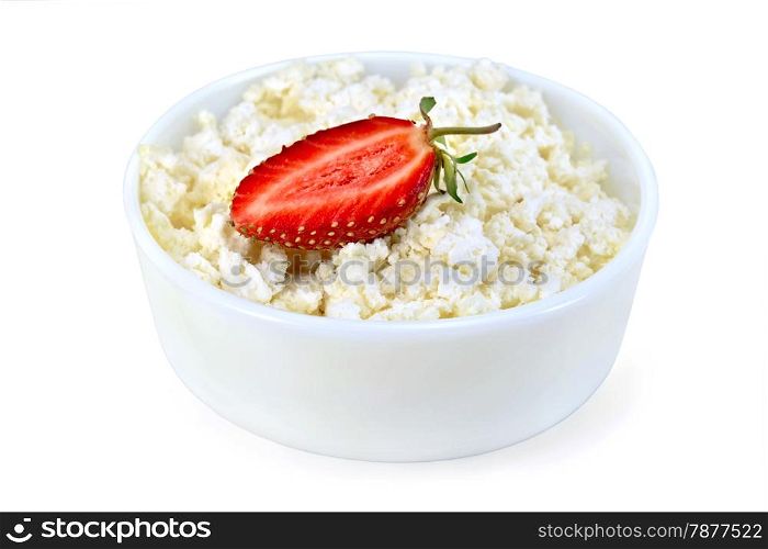 Cottage cheese in a white bowl with strawberries isolated on white background