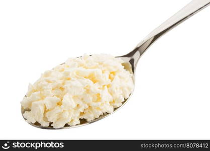 cottage cheese in spoon on white background