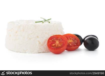 Cottage cheese with olives and tomatoes isolated on white background.