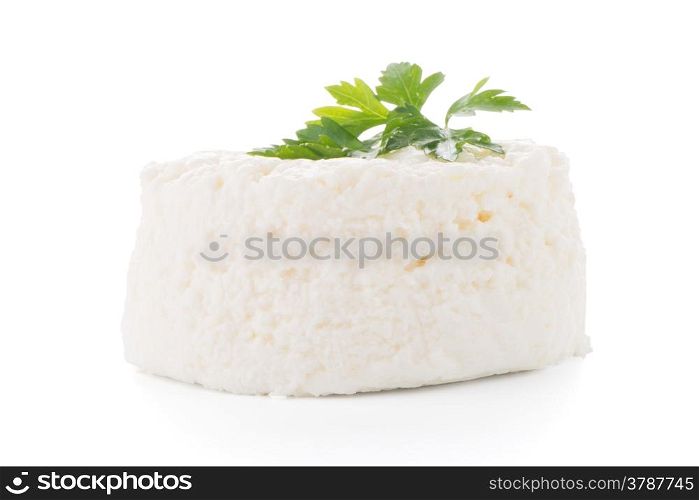 Cottage cheese with parsley leaf isolated on white background.