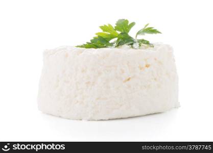 Cottage cheese with parsley leaf isolated on white background.