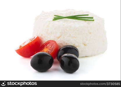 Cottage cheese with parsley leaf, olives and cherry tomato isolated on white background.