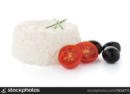 Cottage cheese with parsley leaf, olives and cherry tomato isolated on white background.