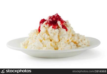 Cottage cheese with raspberry jam isolated on a white background