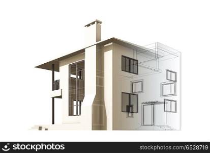 Cottage construction 3d rendering. Cottage. Building design and model my own 3d rendering. Cottage construction 3d rendering