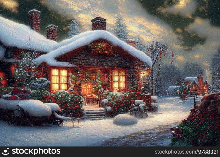 Cottage decorated for Christmas, white snow, magic fary tale illustration. Cottage decorated for Christmas
