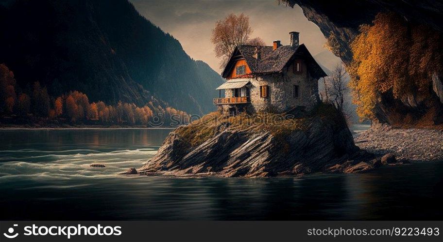 Cottage on the rocks in the river illustration. AI generative.