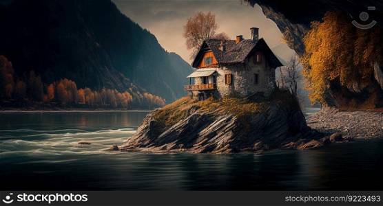 Cottage on the rocks in the river illustration. AI generative.