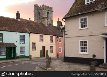 Cottages and church at Wareham, Dorset, England.