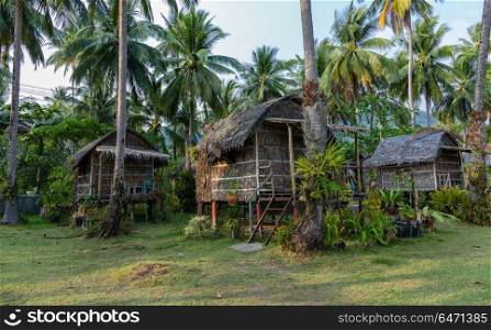 Cottages are made of palm leaves in the Tropics. Travel cottages in the tropics of Thailand