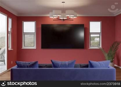 Couch, Plant and Blank Wall Mounted TV in Deep Red Painted Room.