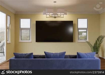 Couch, Plant and Blank Wall Mounted TV in Light Yellow Painted Room.