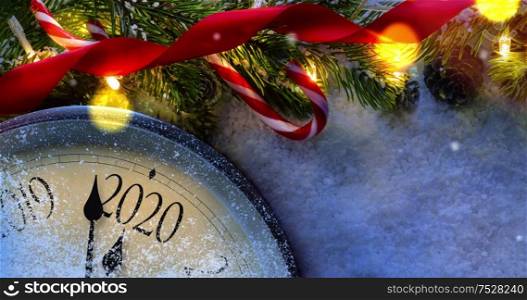 Countdown to midnight. Retro clock counting last moments before Christmas or New Year 2020 next to decorated fir tree. View from above with falling snow. 4k animation. Countdown to midnight