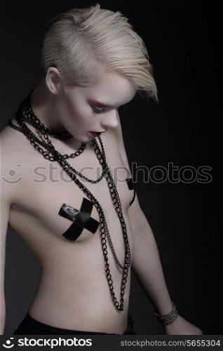 Counterculture. Extravagant Naked Woman Hipster with Metallic Chain