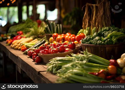 Counters with vegetables and fruits on market.